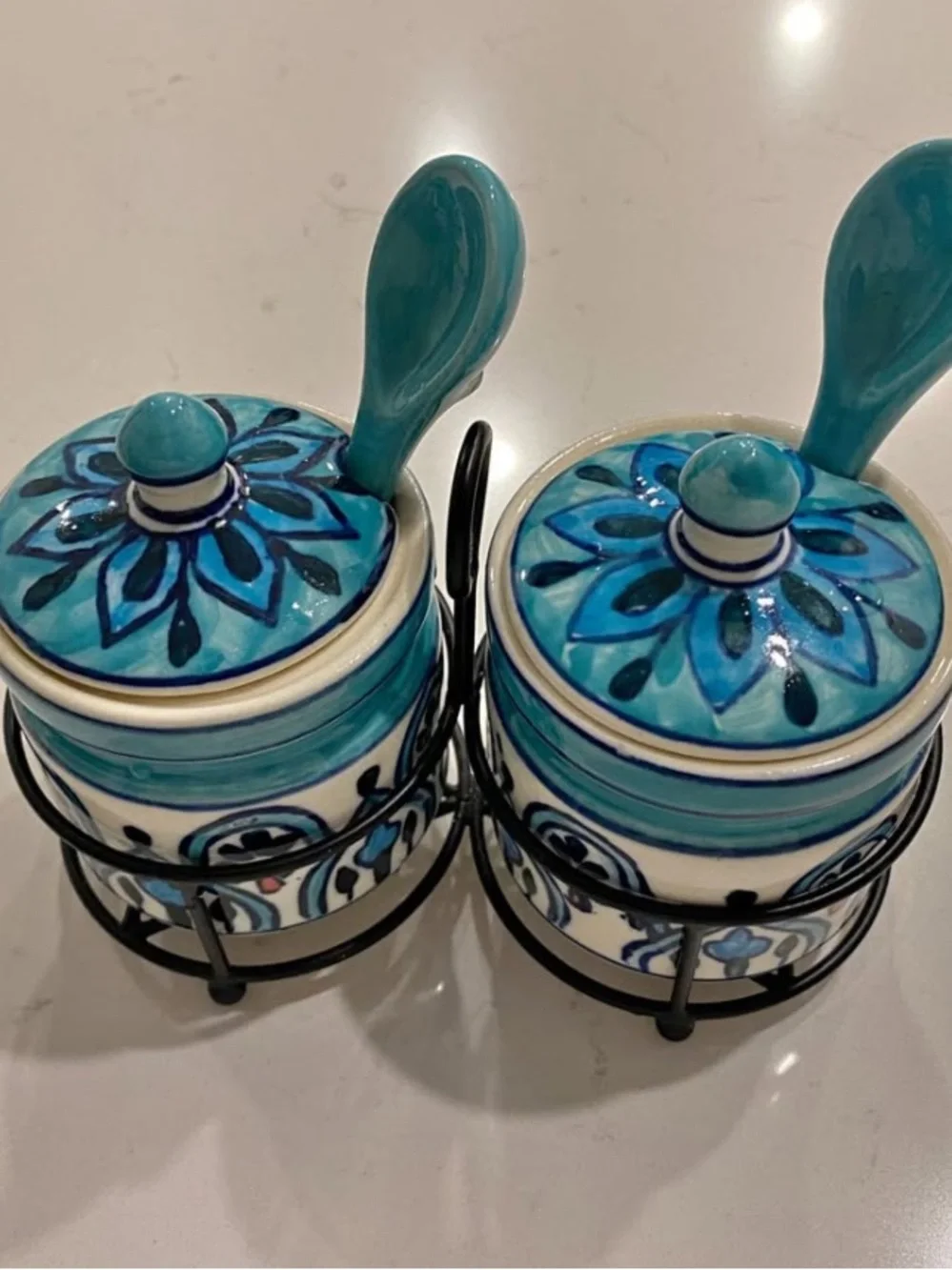 Hand-Painted Blue Ceramic Sugar & Spice Jars with Spoons - Set of 2